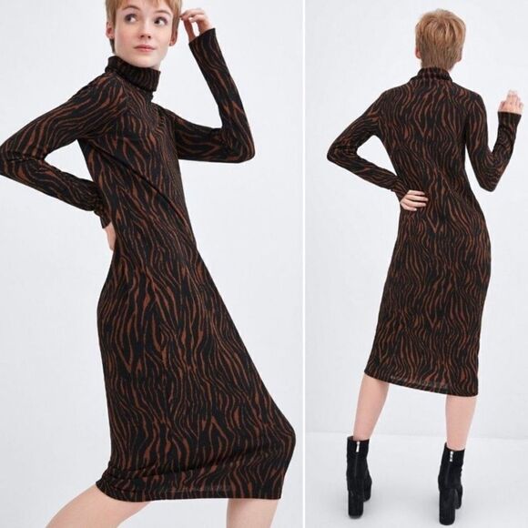 Zara Women's Turtle Neck Long Sleeve Textured Animal Print Body Con Midi Dress B - Picture 9 of 10